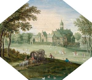 Landschaft Mit Einem Schloss Und Reisenden In Einem Pferdewagen Landschaft Mit Einem Schloss Und Reisenden In Einem Pferdewagen