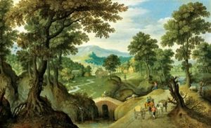 Weite, Bewaldete Landschaft Mit Einer Steinerner Brucke Und Reisenden Weite, Bewaldete Landschaft Mit Einer Steinerner Brucke Und Reisenden