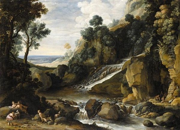 A Rocky Landscape With A Waterfall, Nymphs And Satyrs Resting By A River - view 1