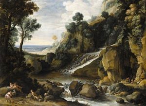 A Rocky Landscape With A Waterfall, Nymphs And Satyrs Resting By A River by Marten Ryckaert