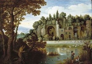 A Pastoral Landscape With Herdsmen Before Roman Ruins, Two Fishermen And Their Catch In The Foreground