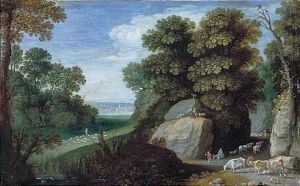 A Rocky Pastoral Landscape With The Flight Into Egypt, Shepherds Tending Their Flocks Beyond by Marten Ryckaert