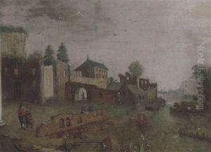 A River Landscape With Elegant Company And Other Figures On A Bank, A Walled Town Beyond