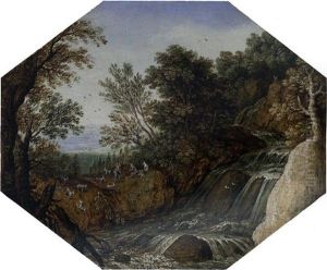A Wooded River Landscape With Goatherds Resting With Their Goats And Dogs By A Waterfall by Marten Ryckaert