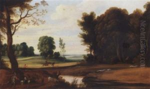 A Wooded Landscape With A Shepherd And His Goats On A Path And Hunters With Their Dogs Chasing A Hare