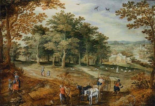 A Wooded Landscape With Travellers And A Cart - view 1
