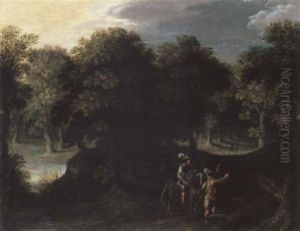 A Wooded Landscape With Travellers On A Track by Marten Ryckaert