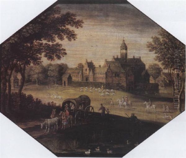 A Wooded Landscape With Travellers In A Wagon By A Pond, A Castle Beyond - view 1