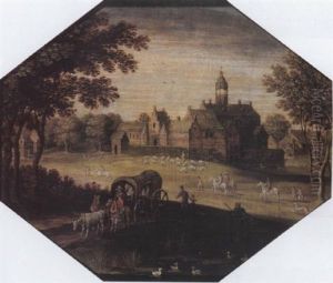 A Wooded Landscape With Travellers In A Wagon By A Pond, A Castle Beyond