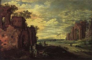 Travellers Conversing On A Path Before A Ruin, A Landscape Beyond by Marten Ryckaert