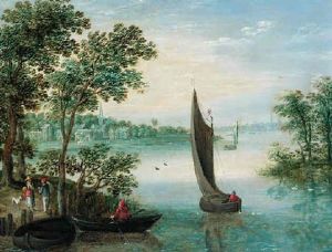 An Extensive River Landscape With Peasants At A Landing, A Town Beyond by Marten Ryckaert