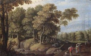 A Wooded Landscsape With Travellers Resting Beside A Pool, A Town On The Hillside Beyond by Marten Ryckaert