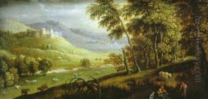 A Wooded Landscape With Sheperds And Cattle, A Fortified Town On A Hill In The Distance by Marten Ryckaert