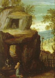The Penitent Mary Magdalen Adoring A Crucifix In A Rocky Landscape
