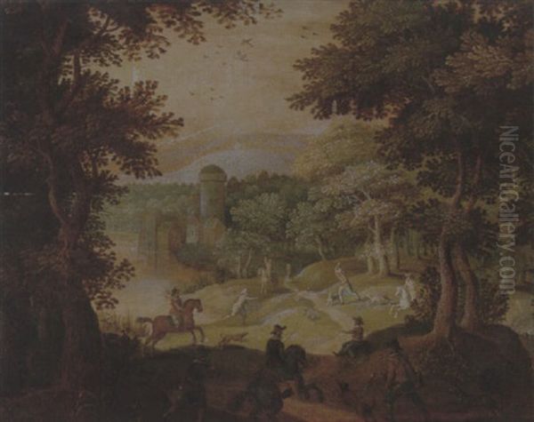 A Wooded Landscape With A Hunting Party At The Edge Of A Lake, A Castle Beyond - view 1