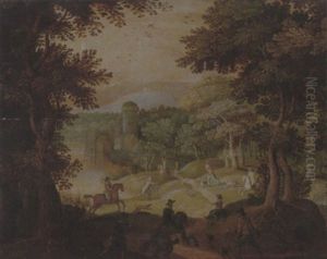 A Wooded Landscape With A Hunting Party At The Edge Of A Lake, A Castle Beyond
