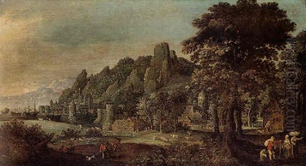 A Rocky Wooded Landscape With A Coastal Town - view 1