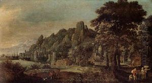 A Rocky Wooded Landscape With A Coastal Town by Marten Ryckaert