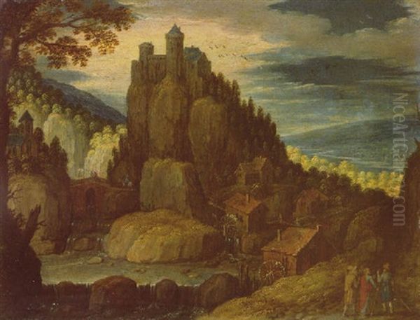 A Mountainous Landscape With Christ On The Road To Emmaus In The Foreground And A Castle On The Mountaintop Beyond - view 1