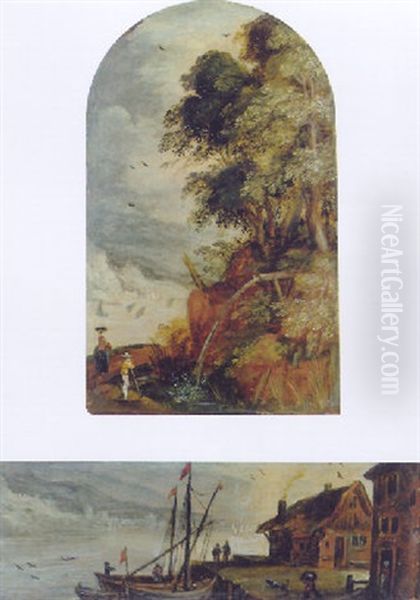 Travellers On A Path By A Waterfall - view 1