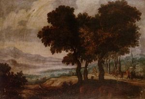 An Extensive Mountainous Landscape With Travellers On A Track, A Chruch On The Hillside On The Right, A Town Beyond by Marten Ryckaert