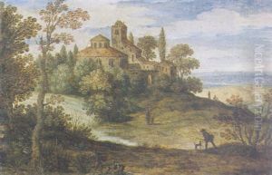 An Italianate Landscape With A Fisherman And His Family, A Monastery On A Hill And A Town In An Extensive Landscape by Marten Ryckaert