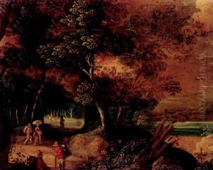 Travellers And Peasants On A Sandy Track In A Wooded Landscape