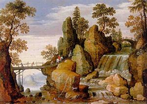 A Mountainous Landscape With Travellers On A Bridge By A Waterfall by Marten Ryckaert
