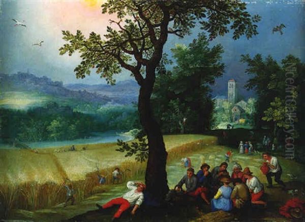 Summer: Harvesters Resting Beneath A Tree, Others At Work In A Cornfield - view 1