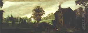 A River Landscape With Clerics On A Track Near A Mill
