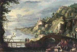 A Rocky River Landscape With Shepherds, Goatherds And Livestock Resting On A Path, Mule Train Crossing A Bridge Beyond