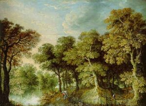 A Wooded River Landscape With A Pedlar And A Dog On A Track And A Stork By A Stream