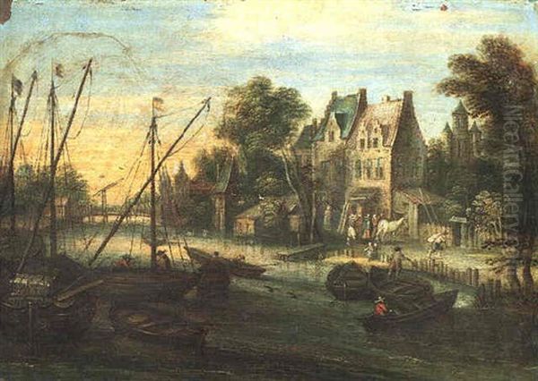 Numerous Sailing Vessels On A River With A Bridge, A Town And A Church Beyond - view 1