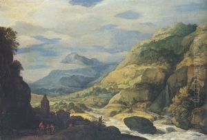 Extensive Mountainous River Landscape With Travellers Extensive Mountainous River Landscape With Travellers