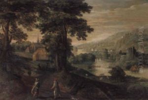 An Extensive River Landscape With Travellers On A Track Near A Hamlet