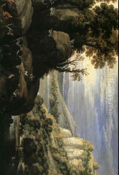 An Extensive River Landscape With Goatherds Resting Before A Waterfall, One Plays His Pipe To His Companion And Their - view 1