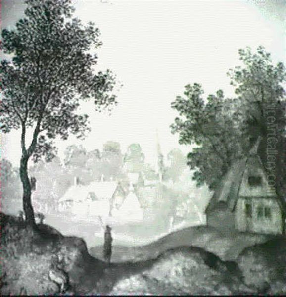 Deux Personnages Devant Un Village - view 1