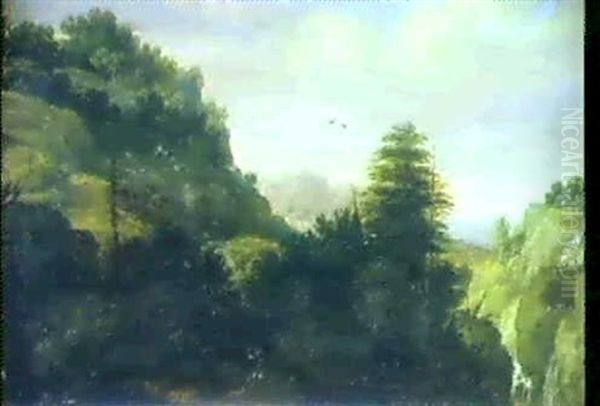 Huegelige, Bewaldete Landschaft Mit Zwei Schafhirten - view 1