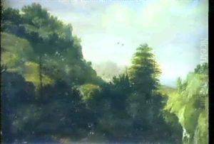 Huegelige, Bewaldete Landschaft Mit Zwei Schafhirten