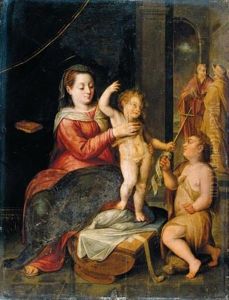 The Virgin And Child In A Classical Setting, St. John The Baptist Kneeling Nearby by Bernaert de Ryckere