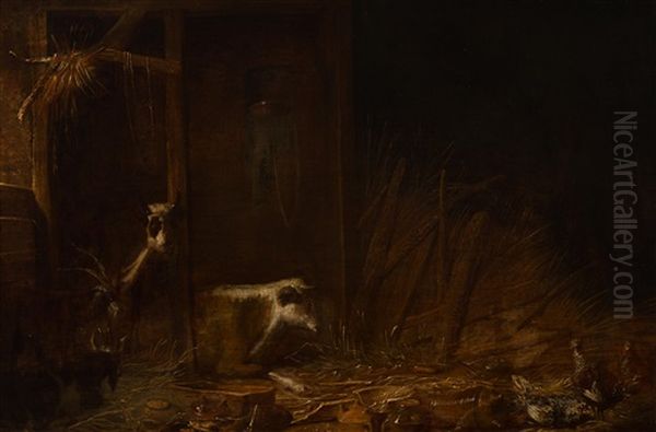 Interior Of A Stable With Goats, Cows And Chickens - view 1