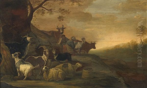 A Landscape With Goats, Sheep And Cows With A Herdsman And A Milkmaid In The Background - view 1