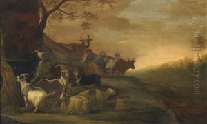 A Landscape With Goats, Sheep And Cows With A Herdsman And A Milkmaid In The Background by Franz (Francois) Ryckhals