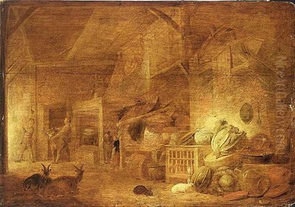 A Barn Still Life With Cabbages, Kitchen Utensils, Poultry In A Cage, Rabbits, Two Goats And Peasants In The Background - view 1