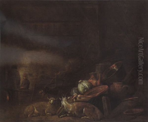 A Barn Interior With A Kitchen Still Life Together With A Goat And A Sheep - view 1