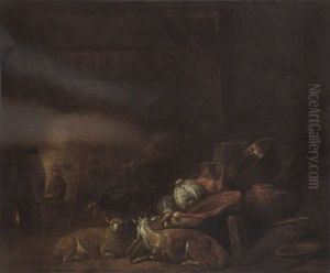 A Barn Interior With A Kitchen Still Life Together With A Goat And A Sheep by Franz (Francois) Ryckhals
