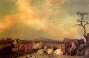 A Milkmaid Milking A Cow With Other Livestock Resting In A Meadow, Hills Beyond A Milkmaid Milking A Cow With Other Livestock Resting In A Meadow, Hills Beyond