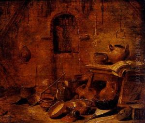 A Kitchen Still Life With A Man Walking Through A Door