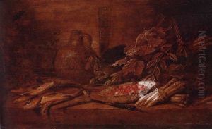 Still Life Of Fraises De Bois In A Blue And White Bowl, Herring, Asparagus, A Stoneware Jug, Wineglass, Knife, Basket And A Cat Upon A Tabletop by Franz (Francois) Ryckhals