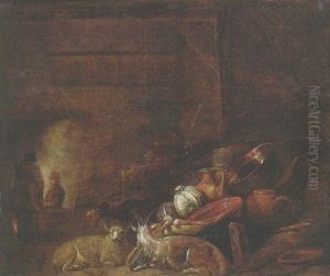 Cabbages, A Copper Bucket And Other Utensils, With A Goat And A Sheep In A Barn, Peasants By A Fire Beyond